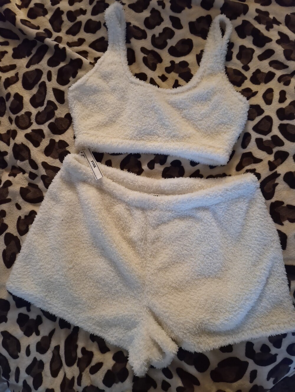 PINK Victoria's Secret Cream Fuzzy Bralette & Shorts Set